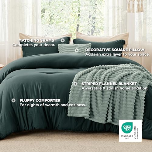 Image of Bedsure Comforter Full Size 5 Pieces - Full Size Comforter Set with Fleece Throw Blanket and Decorative Pillow, Lightweiget Bedding Comforter Sets, All Season Bedding Sets, Emerald Green