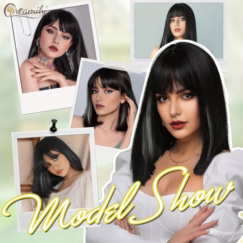 Image of Creamily Short Hair Wig for Women Full Head, Bob Cut Wigs with Bangs for Women, Hightlight Black Mix Grey Straight Ladies Wigs Natural Hair Full Head (Black,14 inches)