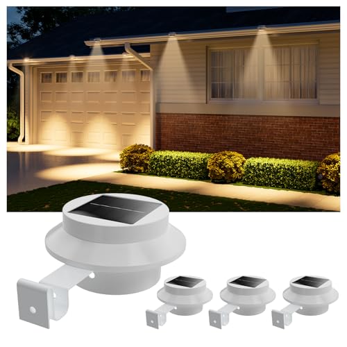 4 Pack White Bright Solar Powered Gutter Mounted Lights Outdoor Waterproof Led Fence Lamp for Lighting Rainspout, Railing, Outside House, Wall, Deck, Porch, Garage, Holeless Installation(Warm White)