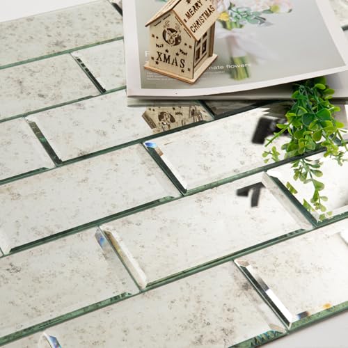 Diflart Mirror Peel and Stick Tile, Light Antique, 3x6 Inch,