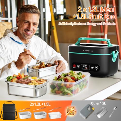 Image of 2X1.2L Electric Lunch Box with 6x4000mAh 100W 5D Surround Heat | Upgraded 100W 5D Surround Heat Tech, 6x4000mAh Battery Powered, Dual Insulated Bag, 220F Max, BPA Free