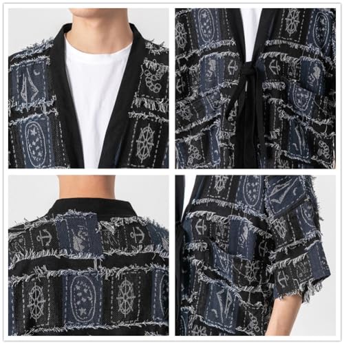 Men's Japanese Traditional Kimono Cardigan Casual Cotton Tassels Noragi Jacket Patchwork Print Yukata Coat Haori2