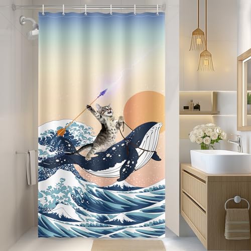 Image of Aimego Stall Small Shower Curtain - Funny Cute Cat Riding Whale Holding Trident in Ocean Wave, Shark Cat Narrow Half Fabric Cloth Fun Shower Curtain Set for Bathroom Decor Bath Curtain, 36 inchx72 inch