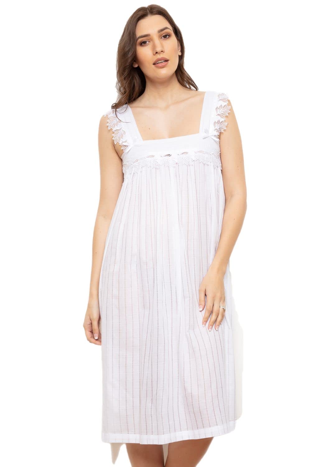Cottonreal Ladies Nightdress ~ Wide Strap Sleeveless Cotton Voile White Nightgown ~ Beth