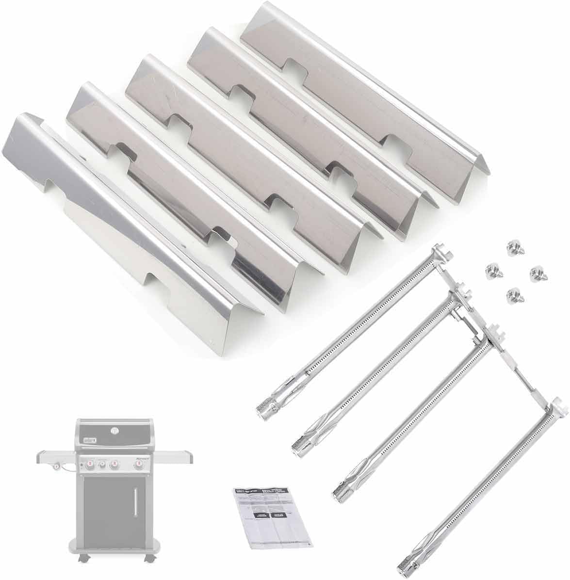 SafBbcue SUS304 7636 Flavorizer Bars and 69787 Grill Burner Set for Weber Spirit 330 Spirit 335 Spirit 300 Series Grills with Front Mounted Control Knobs, Replace for 68948 65518 Burner Tube kit 15-1/4" L Sliver