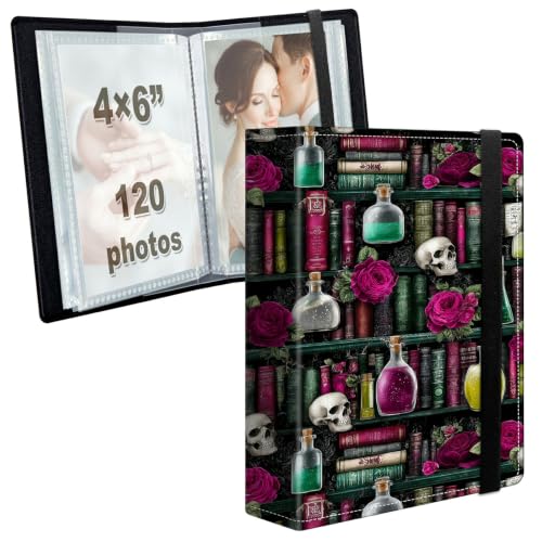 Image of Photo Album 4x6 120 Photos with Strong Elastic Band, Bookshelf Skull | Large Capacity Premium Leather Picture Album, Portable Wallet Albums Photo Book for Family Anniversaries Wedding Baby