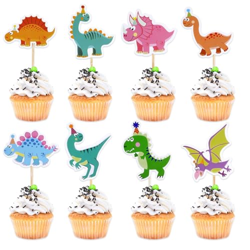 32 Stück Dinosaurier Cupcake Topper Dino Kuchen Deko mit Dekospieße Kuchendeko Dinosaurier Dino Thema Geburtstagstorte Dekoration für Kindergeburtstag Baby Shower Party Deko