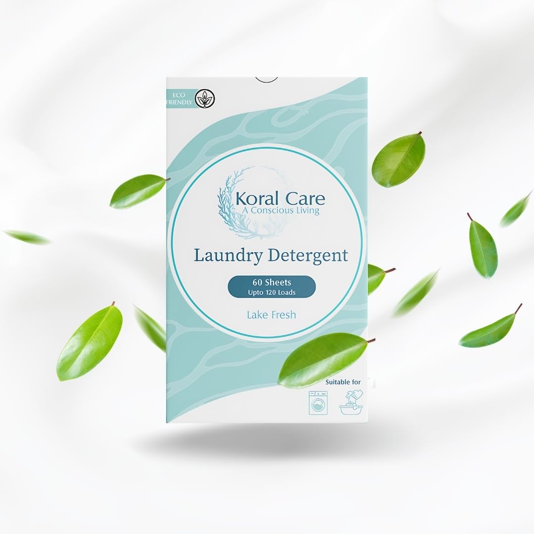 Koral Care Eco-Friendly Laundry Detergent Sheets, 60 Sheets, Gentle on Clothes, Removes Tough Stains, Bio-degradeable