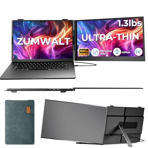 ZUMWALT Laptop Screen Extender, 14" FHD 1080P Dual Portable Monitor for Laptop, Ultra-Thin Travel Monitor Extender Fit 13”-17.3”, Plug and Play Compatible with Windows/Mac/Android/Chrome/Switch