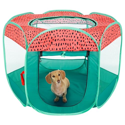 Image of Furhaven Portable Dog Playpen Cat Tent, Pet Playground,Kennel Foldable Indoor Outdoor Zippered Puppy Crate - Green & Pink, Medium