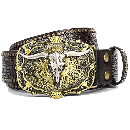 IZUS Rodeo-Longhorn Western-Cowboy-Belt for Men-Women PU-Leather Cowgirl-WaistBand Skull-Metal-Buckle Jeans for 32-40