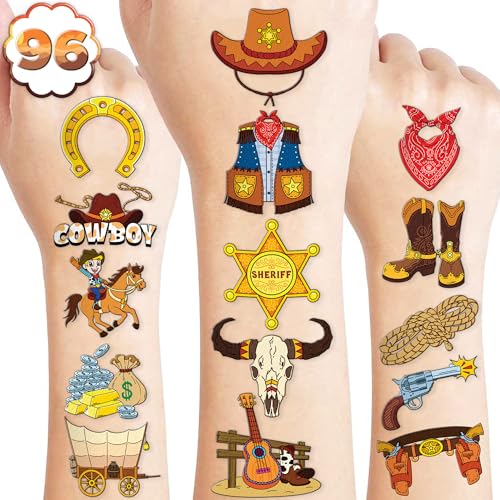 Image of 96 PCS Pre-Cut Cowboy Temporary Tattoos for Kids Birthday Party Favors | Super Cute Western Rodeo Horse Themed Supplies, Decorations, Fake Tattoo Stickers for Boys