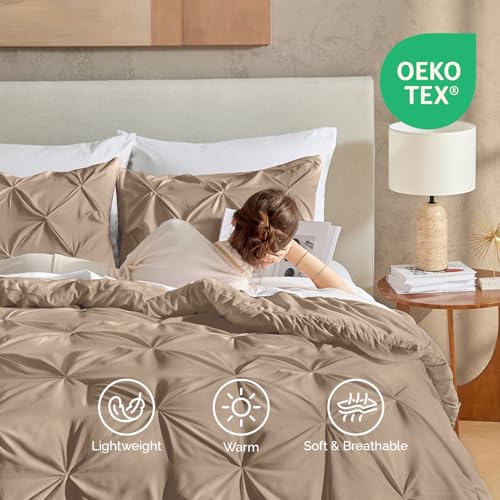 Image of Andency Full Pinch Pleat Comforter Set (79 inchx90 inch),3 Piece Lightweight Pintuck Bedding Comforters & Sets, Fluffy Down Alternative Comforter with 2 Pillow Shams for All Season,Taupe