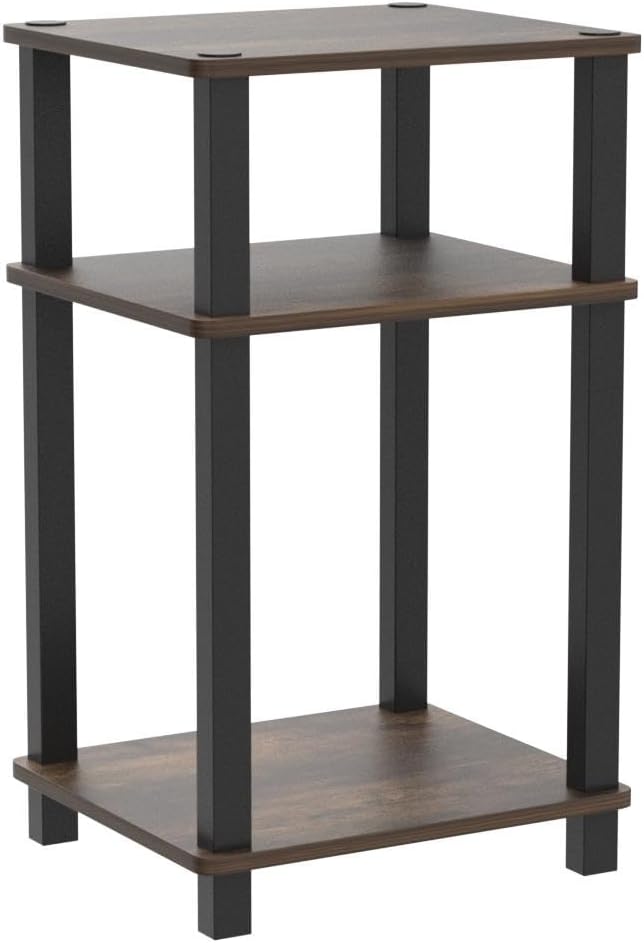 Furinno JUST Side Table Set of 2, 3-Tier Open Shelf End Table, Toolless Assembly Night Stand, Bedside Table with Square Tube, for Living Room, Bedroom, Amber Pine