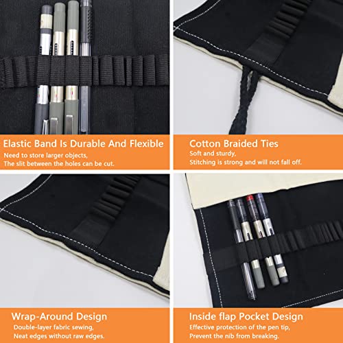 Image of Yitexin 72 Slots Canvas Pencil Roll Wrap, Handmade Roll-Up Pencil Case Pouch Fabric, Large Capacity Pencil Case Holder Organizer for Artists Painting, Sketchers(Black & White)