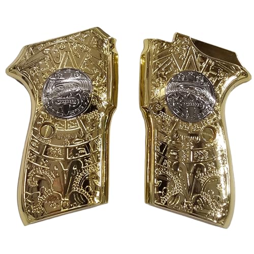 Metal Gold Nickel Plated Grips Compatible with Bersa Thunder 380 – Engraved Aztec Calendar Design with Matching Screws