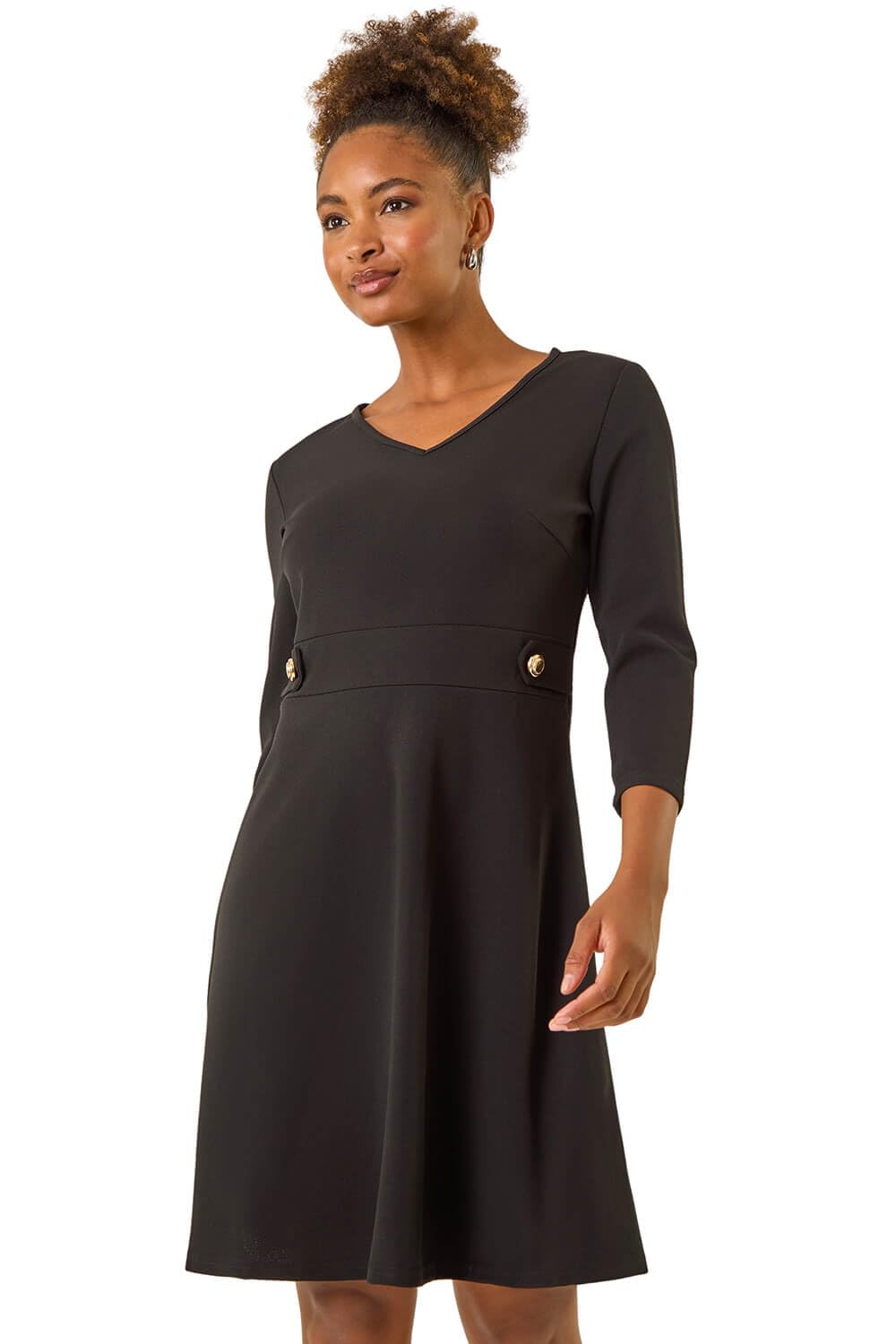 Roman Women's Black V-Neck Buttoned Stretch Dress Size 18