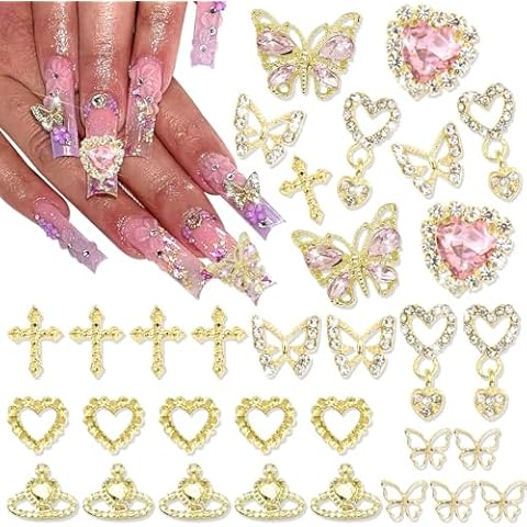 RODAKY 32PCS Butterfly Nail Charms Gold Cross Nail Art Charms Dangle Charms for Nails Pink Heart Luxury Nail Jewelry Metal Nail Decoration Accessories for Women Manicure Cover