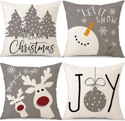 Image of PSDWETS Christmas Pillow Covers 16x16 Set of 4 Christmas Decorations Snowman Deer Tree Winter Holiday Decor Throw Cushion Case for Home Couch