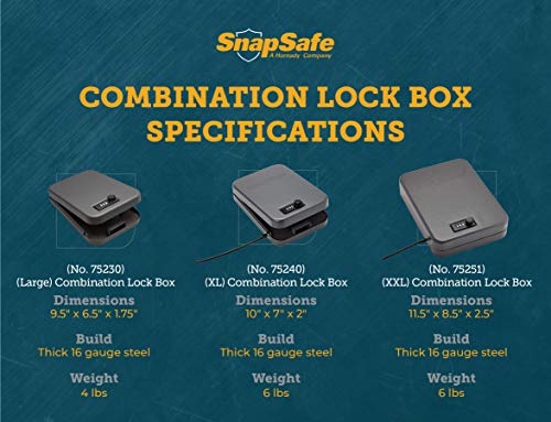 Snapsafe Portable Combination Lock Box For Guns And Valuables - Includes Lock Box (With 3-Digit Combination Lock) And Patented Security Cable - An Ideal Car Gun Safe - Xl, 10 X 7 X 2 Inches #TOP2