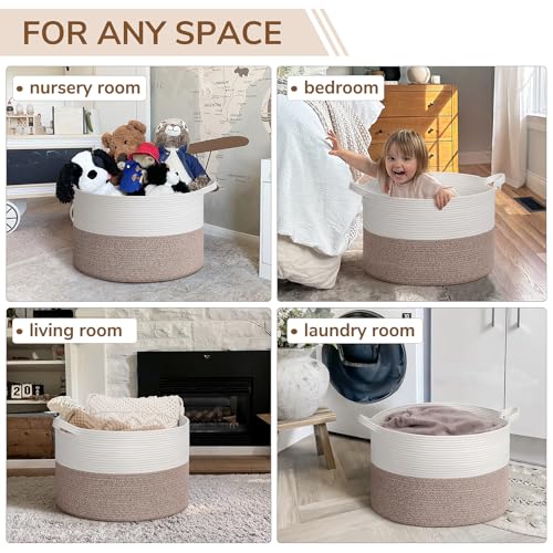 Image of INDRESSME Large Blanket Basket, Laundry Toy Storage Baskets, Decorative Woven Basket for Living Room & Nursery, Baskets for Gifts Empty, Laundry, Dog Toys, Towels, White & Brown, 19.7 inch D x 12.6 inch H