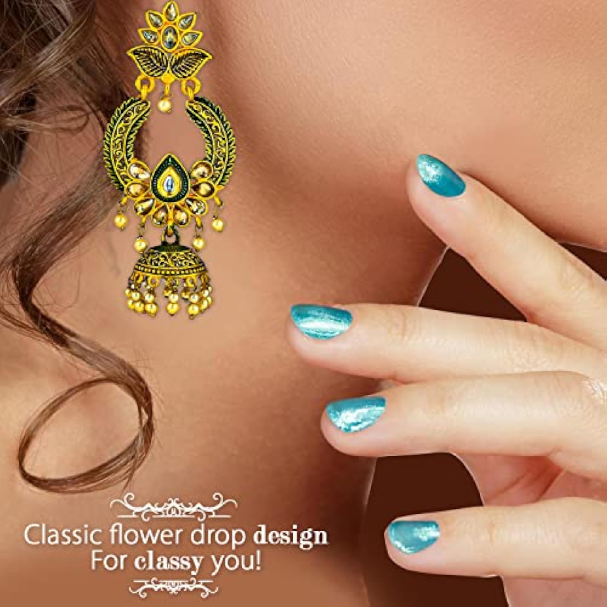 Golden Green Shade Flower Drop Earrings Traditional Ethnic Earpieces