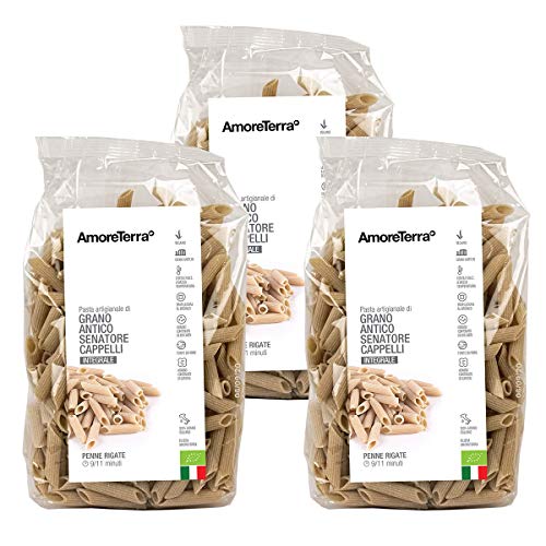 Amoreterra, (3 Pz.) Pasta Senatore Cappelli integrale Bio Penne Rigate 500g, Grani antichi, artigianale biologica, trafila al bronzo, essiccata bassa temperatura, farina a pietra in antico mulino