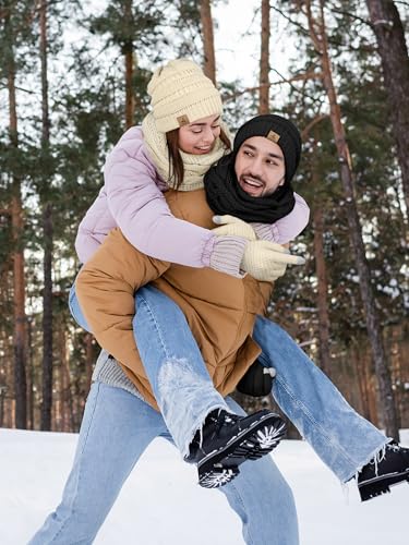 Winter Beanie Hat Scarf Gloves, 2 Set Warm Fleece Knit Winter Hats Touch Screen Gloves Neck Scarf Set Winter Gifts Women 5