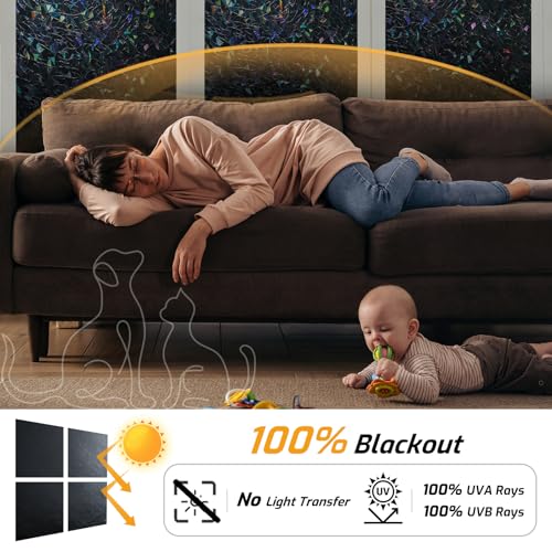 Image of LUTE Blackout Window Film, Sun Light Blocking Window Film, 35.4 inch x 157.4 inch | Darkening Day Sleep, 100% UV Blocker Stained Glass Blackout Cover, Rainbow Black Out Shades Tint for Home Office