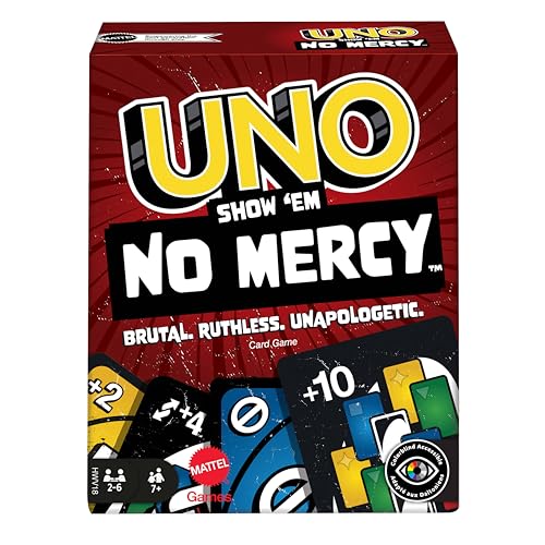Mattel UNO Show 'em No Mercy - 56 zusätzliche Karten, harte Aktionskarten und brutale Spielregeln für die gnadenloseste Version, Stapelregel und Handkartentausch, ab 7 Jahren, HWV18