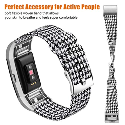 Maledan Bands Compatible with Fitbit Charge 2 and Charge 2 HR Fitness Activity Tracker for Women Men, Durable Woven Fabric Watch Band Replacement Accessories Strap Wristband, Small, Black/White Plaid - Thumbnail 6