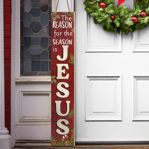RattanView Christmas The Reason For The Season Is Jesus Porch Board Sign Wooden Religious Vertical Sign Christmas Welcome Decor for Front Door Porch Leaner Patio Wall Indoor Outdoor Farmhouse Rustic