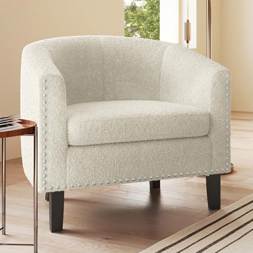Image of BELLEZE Living Room Chair, Upholstered Accent Chair, Barrel Club Chair with Silver Nail Head Trim & Black Legs, for Living Room Bedroom Reception Room- Kyara (White /Polyester)