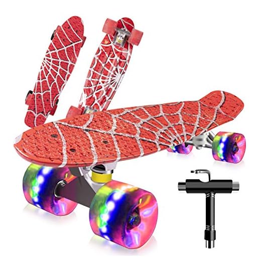Monopatín Completo Mini Cruiser Skateboard 22" Retro Skate Board para Niños Adolescentes Adultos, Ruedas con Luz LED y Herramienta en T de Patinaje Todo en Uno (Mess Print)