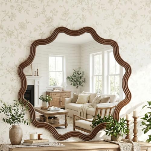 QuiltMuse Round Wood Mirror for Wall Decor,31.5 Inch Large Wavy