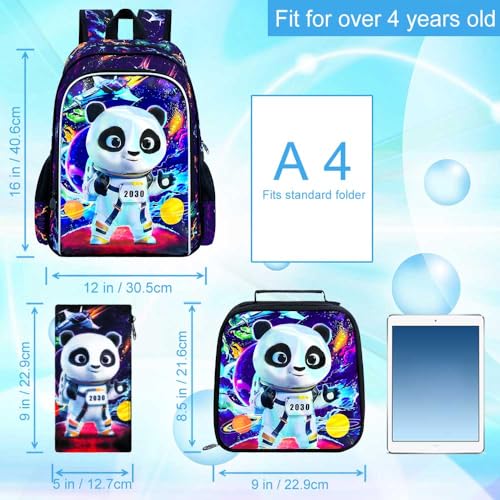 Image of Backpack for Boys, 16 inch Kids Panda Bookbag with Lunch Box, 3Pcs Space School Backpacks for Elementary Preschool Kindergarten (Black)