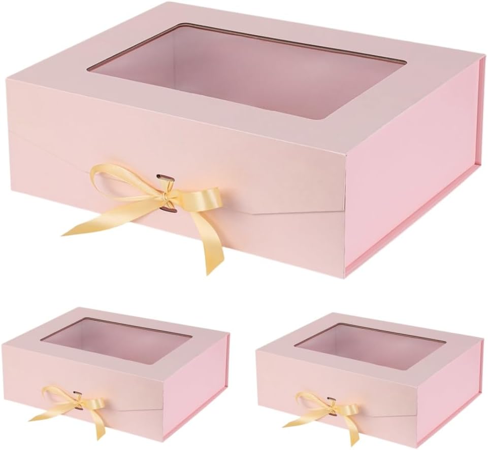 3 Pcs Pink Extra Large Gift Box for Presents with Ribbon 16.5x13x5.3 Inches Clear Gift Box with Window Magnetic Closure Gift Boxes with Lids