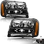 Bingbingmotor BRYGHT Headlight Assembly with Bulbs Included Fit For 2002-2009 Chevy Trailblazer w/ Full Width Grille Passenger and Driver Side (Black Housing with Amber Reflector)