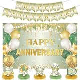 First Wedding Anniversary Decorations, Sage Green Happy Anniversary Banner Anniversary Honeycomb Centerpieces Wedding Party Backdrop for Marriage Celebrations Surprise Events Party Supplies