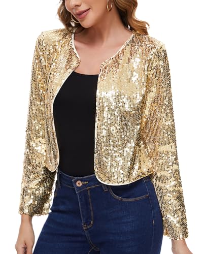 Image of MINTLIMIT Women's Sequin Jacket Long Sleeve Open Front Sparkly Shrugs Glitter Cropped Bolero Cardigans
