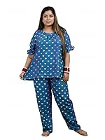 Dream Darzi Women's Printed Heart Swiss Cotton Round Shape NeckHalf Sleeve Ruffled Night Suit Set Top & Pyjamas -Royal Blue-5XL