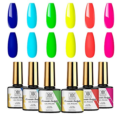 RSTYLE Gel Nail Polish Set, UV Gel Nail Polish Kit 6 PCS 10 ML Soak Off Required Gel Base and Top Coat Manicure Kit with Gift Box for Nail Art Design (Summer Neon)