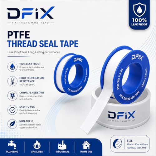 Image of D-fix Thread Seal Tapes Teflon Pipe Sealant Industrial Thread Sealants Plumbers for Leak Water Plumbing Air Head Pipe 12mm x 10Mtr (White, 10Pcs)