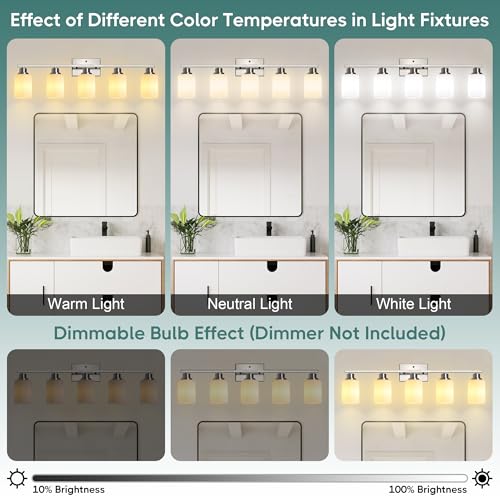 Image of Ascher Bathroom Light Fixtures, 5-Light Vanity Light Over Mirror, Brushed Nickel Wall Sconces with Milky White Frosted Glass Shades, Wall Lamp for Living Room Bedroom, E26 Base(Bulbs Not Included)