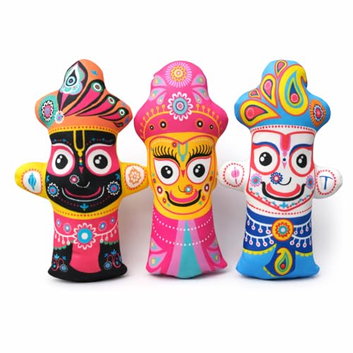 Image of Jagannath, Baldev & Subhadra Soft Toy Set Devotional Plush Stuffed Dolls for Kids, Cuddly and Huggable Baby Toys for Spiritual Play and Festivals
