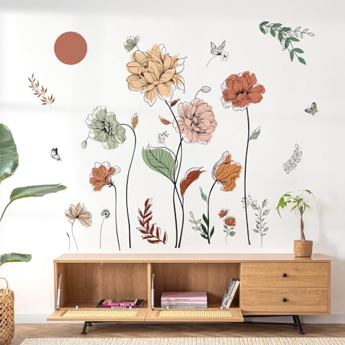 decalmile Boho Watercolor Flower Wall Decals Bohemian Floral Plants Sun Wall Stickers Living Room Bedroom Office Wall Decor - Image 2