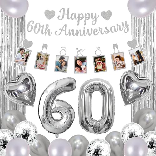 Happy 60th Anniversary Decorations Include Silver Glitter Banner Photo Banner Fringe Curtains Number Balloons and Latex Balloons 60th Wedding Anniversary Vow Renewal or Celebration