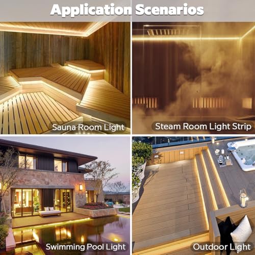Image of SuperlightingLED 24V 2700K Warm White Sauna Lights High Temperature LED Strip IP68 Waterproof, 5m /16.4ft 600 LEDs Flex Cuttable Rope Lights for Sauna, Bathroom, and Shower Niche (2700K Warm White)