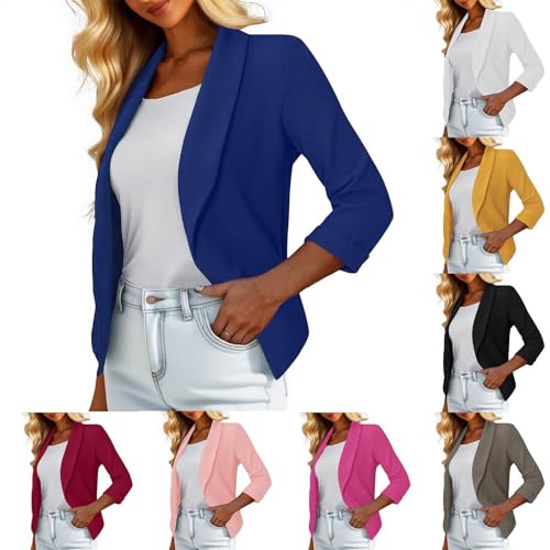 Women's Trendy Work Office Suit Blazers 3/4 Sleeve Lapel Lightweight Slim Cropped Blazer Jacket for Business Casual