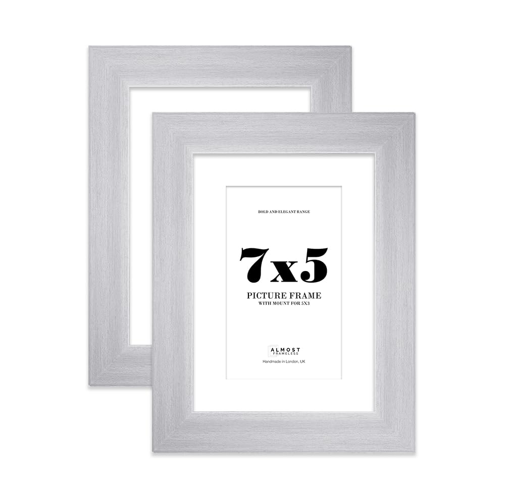 7x5" Silver Frame With Mount for 5x3" Pictures 28mm Edge Portrait and Landscape Display with Wall Hooks and Kickstand, 2 Pack